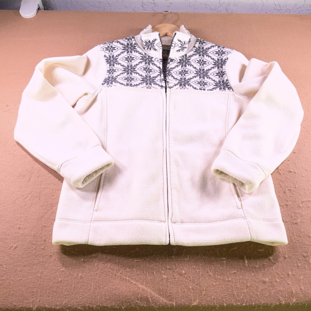 LL Bean Womens Fleece Jacket M Full Zip Cream Grey Snowflake Fair Isle 284061